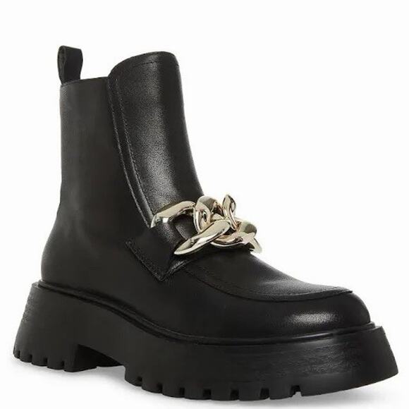 Steve Madden Shoes - Steve Madden Cleo Black Leather Chunky Lug Sole Curb Chain Ankle Boots
